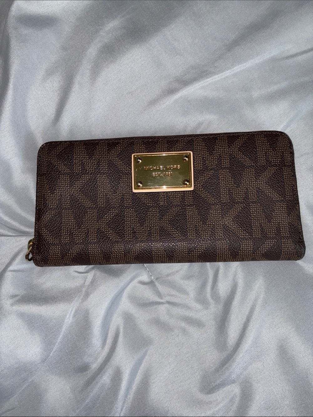 Michael Kors Brown Monogram Zip Wallet with Gold Plaque
